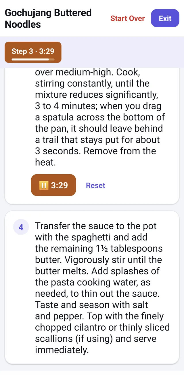 Cook Mode in Helpings with a running step timer pinned to the top and numbered method steps