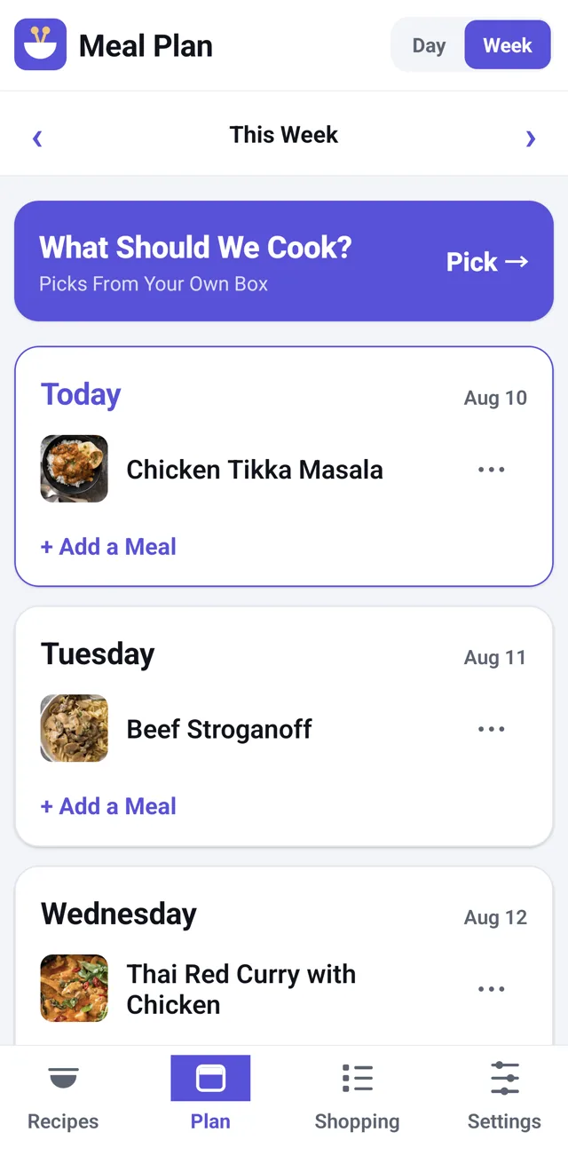 The Helpings meal plan week view with a What Should We Cook button on top and a dinner planned for each day with photos
