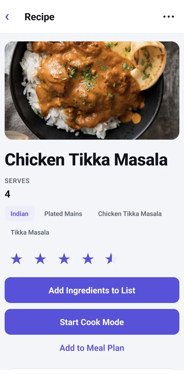 A recipe page in Helpings showing Chicken Tikka Masala with a photo, a serving count, cuisine and dish tag pills, and a four-and-a-half star rating