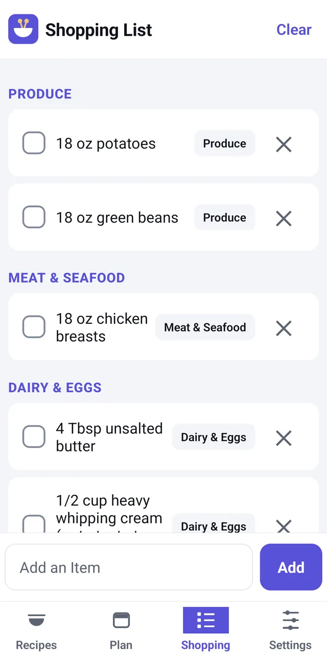 The shared Helpings shopping list grouped by aisle under Produce, Meat and Seafood, and Dairy and Eggs headings, with quantities from different recipes merged into single lines such as 18 oz potatoes